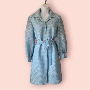 Vintage 60s 70s Belted Lace Duster Light Jacket Dagger Collar Puff Sleeves